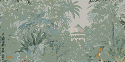 Exotic jungle landscape with lush green foliage and a distant architectural dome
