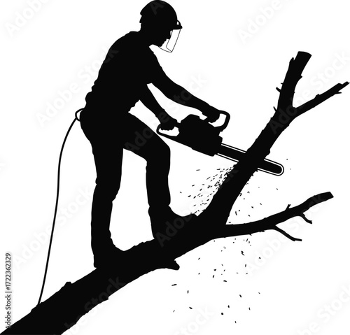Lumberjack Cutting Tree with Chainsaw Silhouette Vector