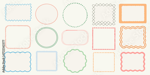 Collection of hand drawn decorative frames and borders in pastel colors for design projects
