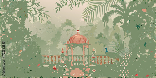 Tranquil indian garden with a domed pavilion and a peacock amidst lush foliage