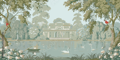 Idyllic park scene with a serene lake swans a rowboat and a classical building in the background