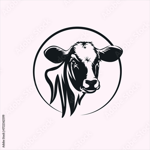 Vector art of stylized black and white illustration of a cows head in a circle