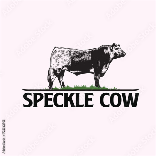 Vector art of speckle cow logo with grass and text
