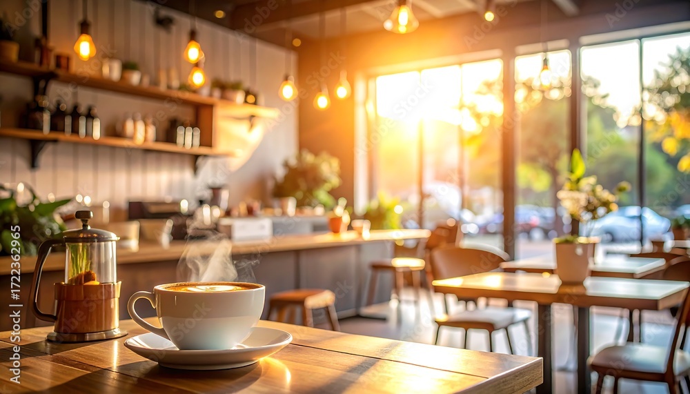 Fototapeta premium A cozy cafe scene, a coffee cup in focus on a wooden table, sunlight streaming through windows, soft focus