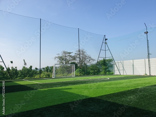 Aerial view of soccerfield at outdoor with blurred background. Sport photography concept design.