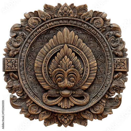 Balinese carved wooden panel isolated on transparent background