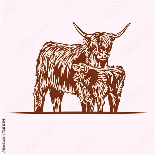 Vector art of highland cow and calf illustration