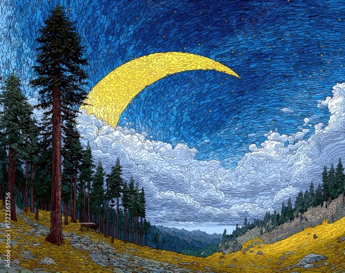 Golden crescent moon rising over a valley, framed by pine forest