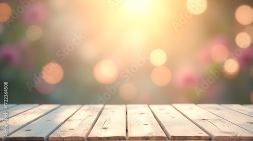 Envision peaceful spring mornings with this bright, inviting wooden table and soft bokeh background