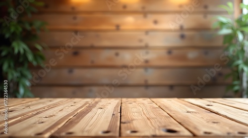 Rustic wooden table with natural wood wall background offers warm modern product placement stage