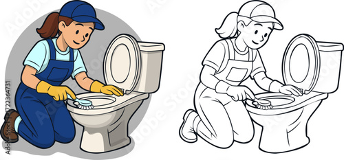 Professional woman cleaner from a cleaning service performing toilet bathroom sanitation and hygiene routine.