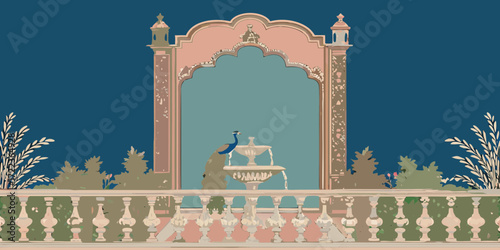 Elegant indian courtyard with a peacock by a fountain and ornate architecture
