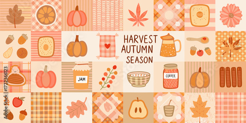 Cozy autumn harvest season illustration with pumpkins leaves and coffee mugs