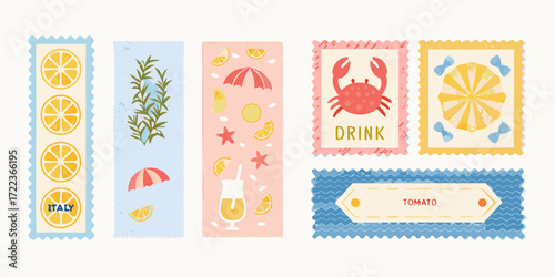 Collection of charming hand drawn italian summer themed stamps featuring citrus fruits herbs beach elements and food labels