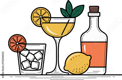 This image features a stylish arrangement of two cocktails in different glass styles, a bottle of spirits, and citrus fruit garnishes.