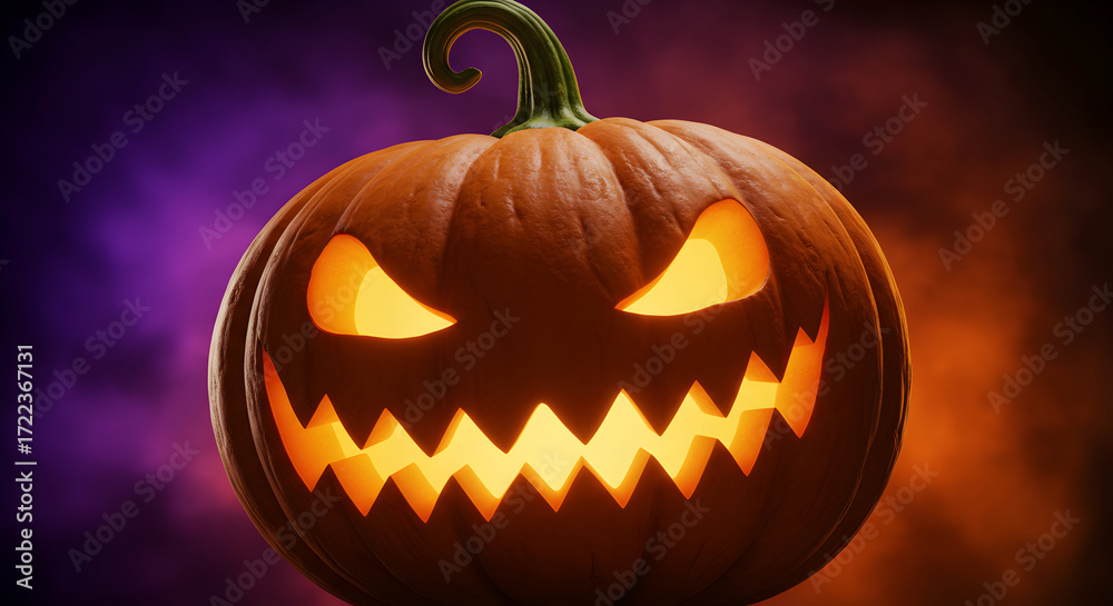Fototapeta premium Illuminated Halloween Pumpkin with Sinister Expression Surrounded by Purple and Orange Smoke