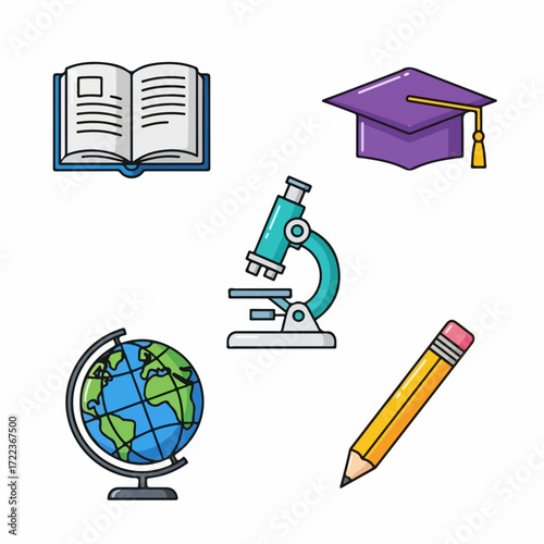 Set of colorful cartoon education and science icons.