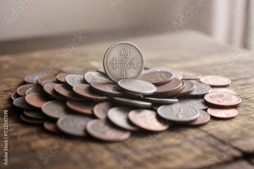 Pile of Coins on Wooden Surface: A collection of various coins rests on a weathered wooden surface, each one reflecting the rich history and value they hold.