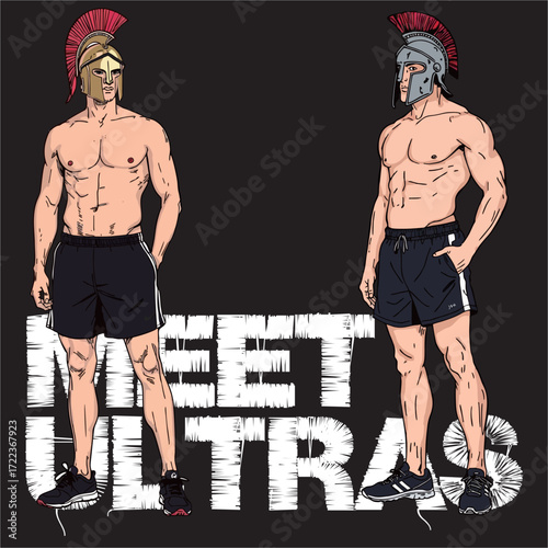A vector Illustration a man wear ultras spartan helmet.