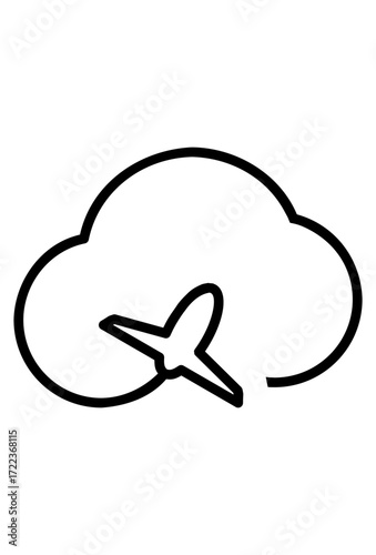 An airplane flying through a cloud. A simple outline icon of a cloud with a plane. Cloud and plane travel symbol.