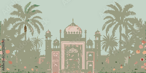 Stylized indian palace architecture with palm trees and floral accents