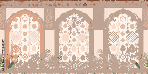 Ornate indian architectural arches with peacock and lush foliage in subtle earth tones