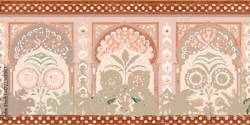 Intricate mughal architectural arches with floral motifs and decorative borders in soft pastel colors