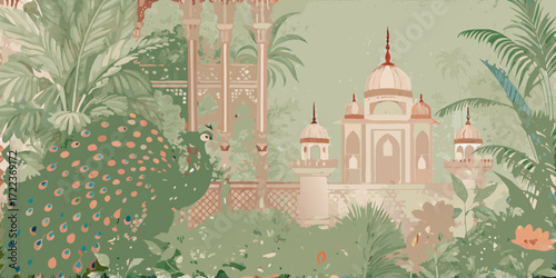 Whimsical indian garden scene with peacock and mughal architecture
