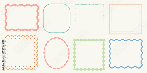 Collection of eight decorative hand drawn frames and borders in pastel colors for scrapbooking and journaling
