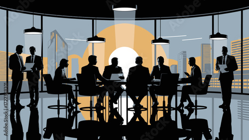 Dynamic Business Team Meeting in Modern Office with City View, Strategic Planning and Collaboration for Corporate Success, Professional Environment