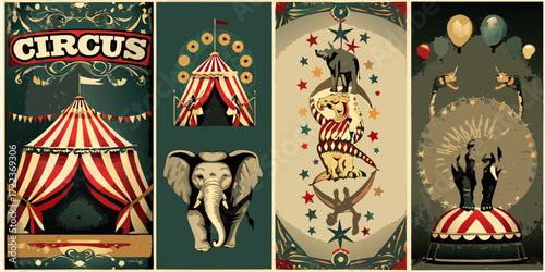 Vintage circus poster collage featuring tents elephants lions acrobats and balloons