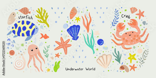 Cute underwater world illustration with starfish jellyfish crab and various sea creatures and plants