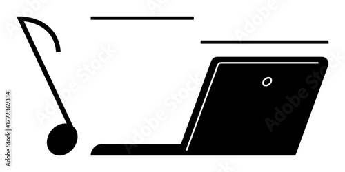 Laptop paired with a musical note as metaphor for music production, listening, and streaming applications. Ideal for technology, creativity, productivity, entertainment, learning, communication