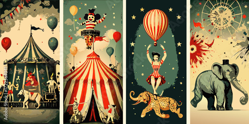 Vintage circus poster collage featuring tents elephants lions acrobats and balloons