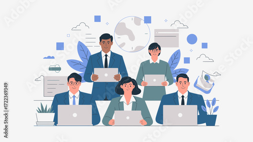 Diverse team collaboration using laptops for online business meetings, showcasing modern teamwork and remote work solutions for digital success, vector origin