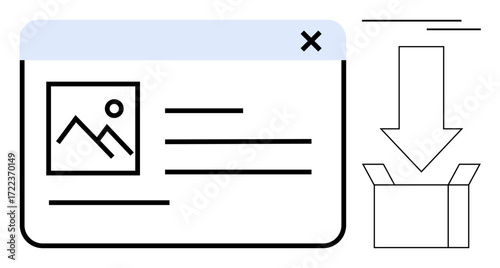 Browser window displaying image file preview and text, arrow signifying download into storage. Ideal for file management, organization, content storage, data transfer, cloud storage, user interface
