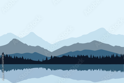 Serene mountain landscape with a still lake and dark forest silhouette