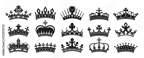 Crown symbols art set. Royal luxury crown icon silhouette collection. Heraldry diverse king or queen ornate engraving crowns designs elements vector illustration isolated symbolizing power, authority