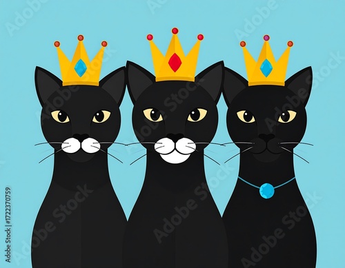 Three black cats wearing crowns