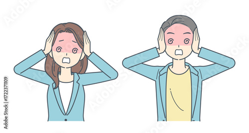 頭を抱えて混乱するジャケットを着た男性と女性のイラスト