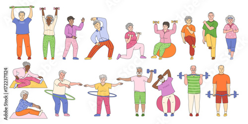 Older people play sports line set. Elderly characters old men, women, senor senoras hobbies. Adult seniors running, fitness exercises, gymnastics in gym cardio yoga class, stretching, jogging vector