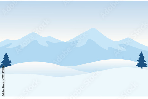 A serene winter landscape showcasing snow covered mountains and pine trees