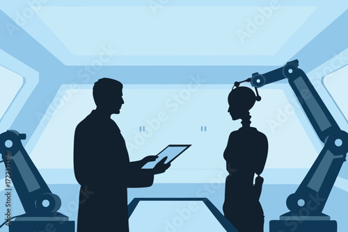 Human and robot interaction in a futuristic technology laboratory setting