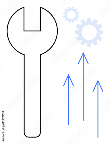 Large wrench alongside blue gears and arrows pointing upward. Ideal for innovation, improvement, progress, engineering, efficiency, growth, and development. Simple flat metaphor