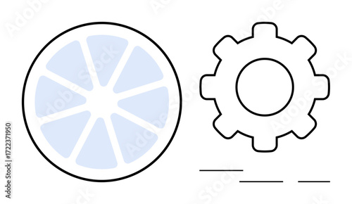 Circular fruit-thumbs up segments and a cogwheel symbolize the blend of nature and industry. Ideal for innovation, engineering, sustainability, collaboration, process, ecology, balance. Simple flat