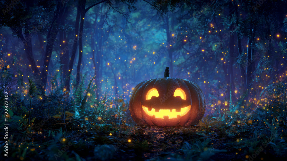 Naklejka premium Glowing Halloween pumpkin with cheerful expression sits in mystical forest surrounded by glowing fireflies, creating magical atmosphere