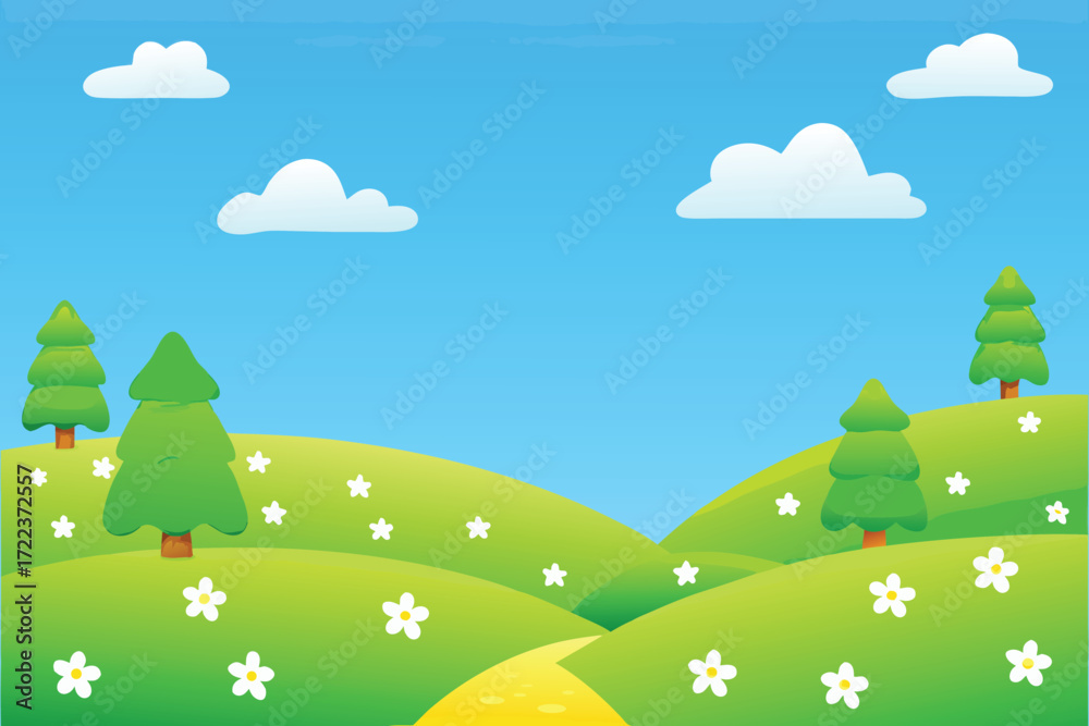 Fototapeta premium A vibrant cartoon landscape featuring green hills trees and a blue sky