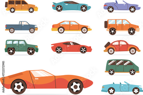Collection of pixel art cars in various styles and colors
