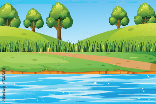A vibrant landscape with a winding path trees and blue water