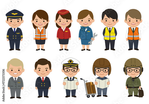 Collection of cute cartoon airport and airline staff characters.